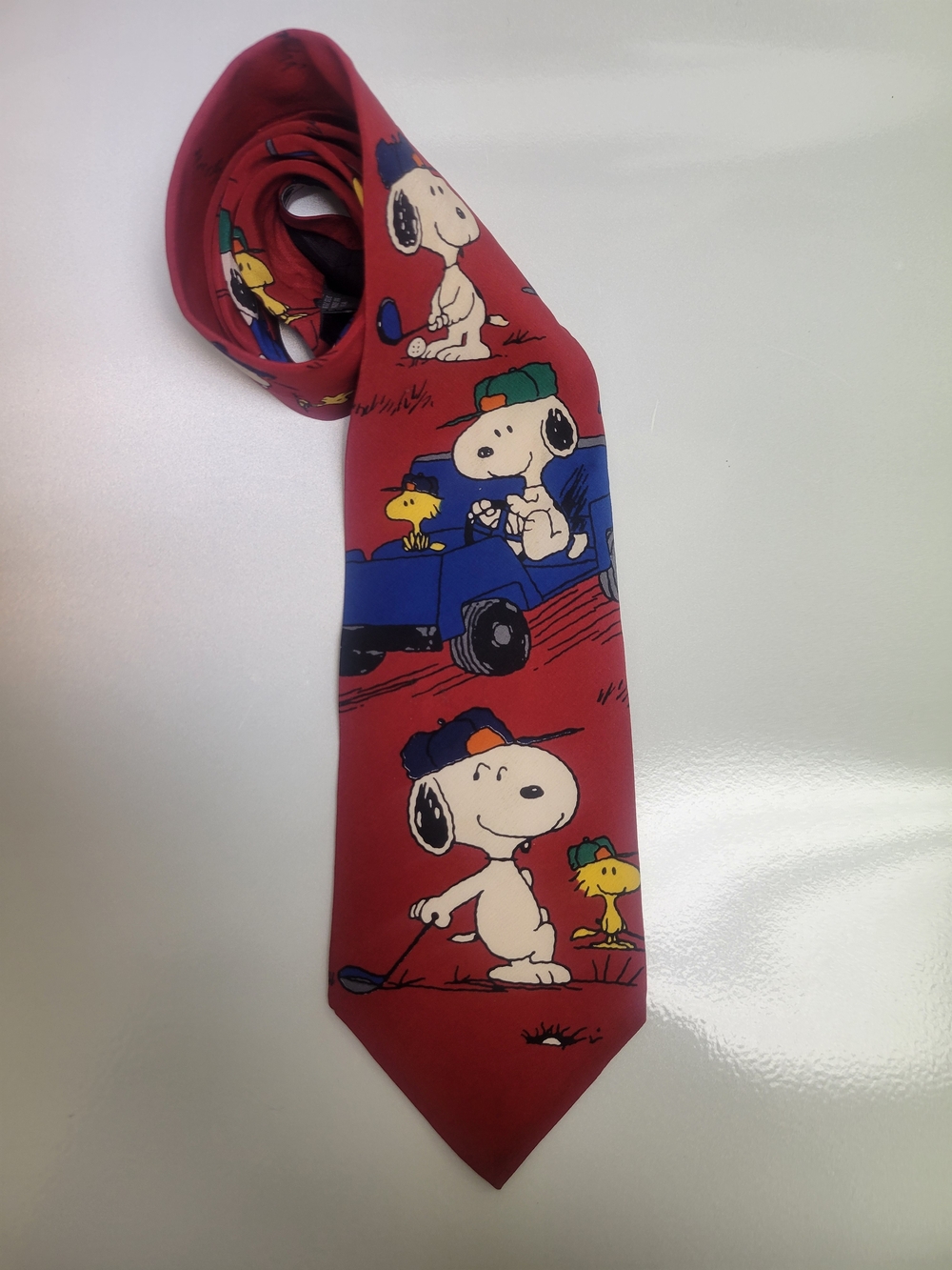 Vintage Peanuts Snoopy & Woodstock "Joe Golfer" Red  Silk Necktie Made in USA
